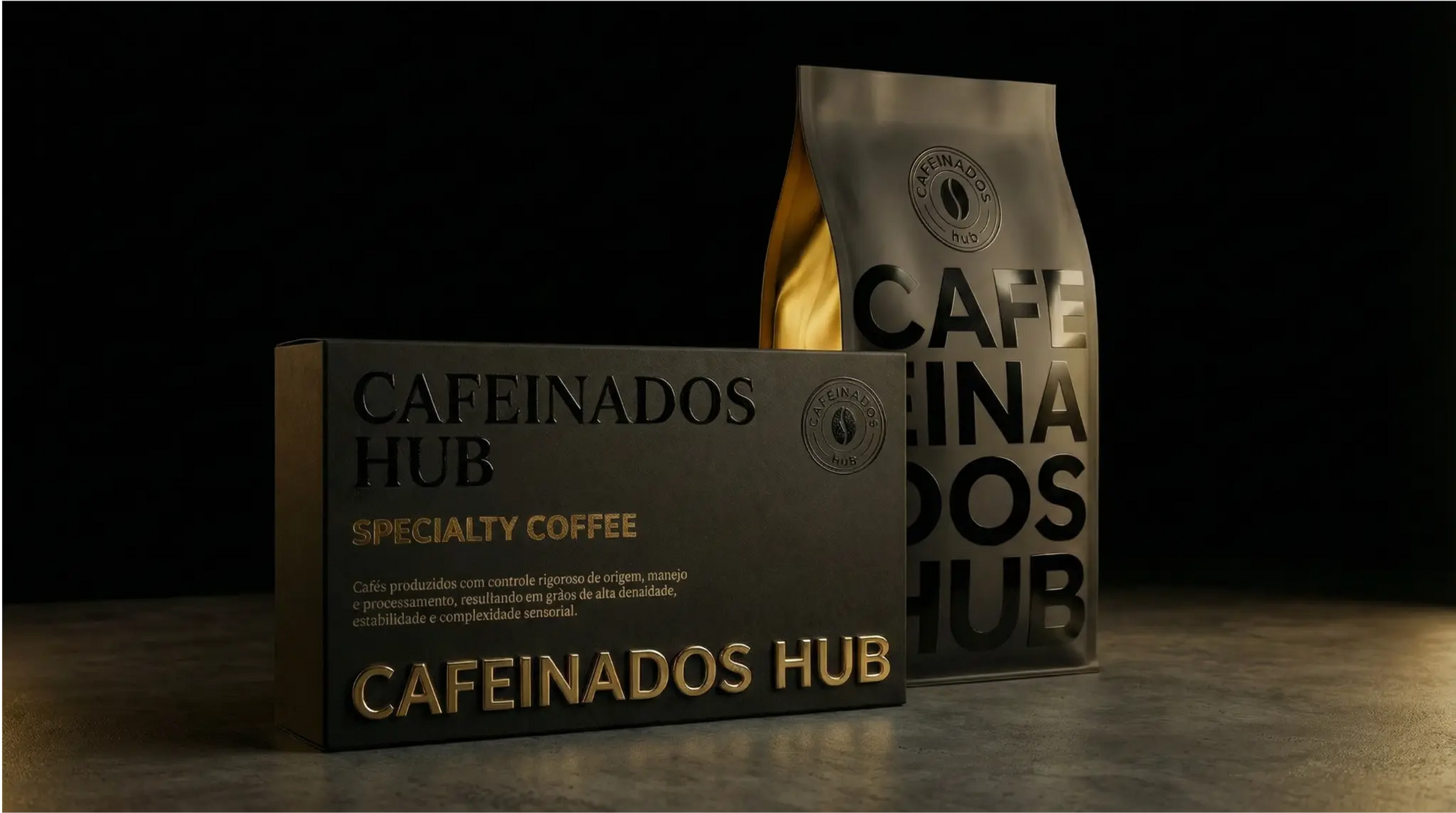 Kit Cafeinados Hub — Embalagem premium com caixa e saco de café especial