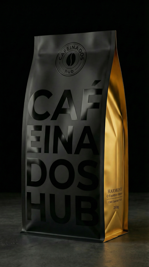 Café Especial HARMONY Cafeinados Hub - Embalagem premium preta com lateral dourada, grãos de café especial de torra média e notas de mel, certificado Safe Bean zero agrotóxico
